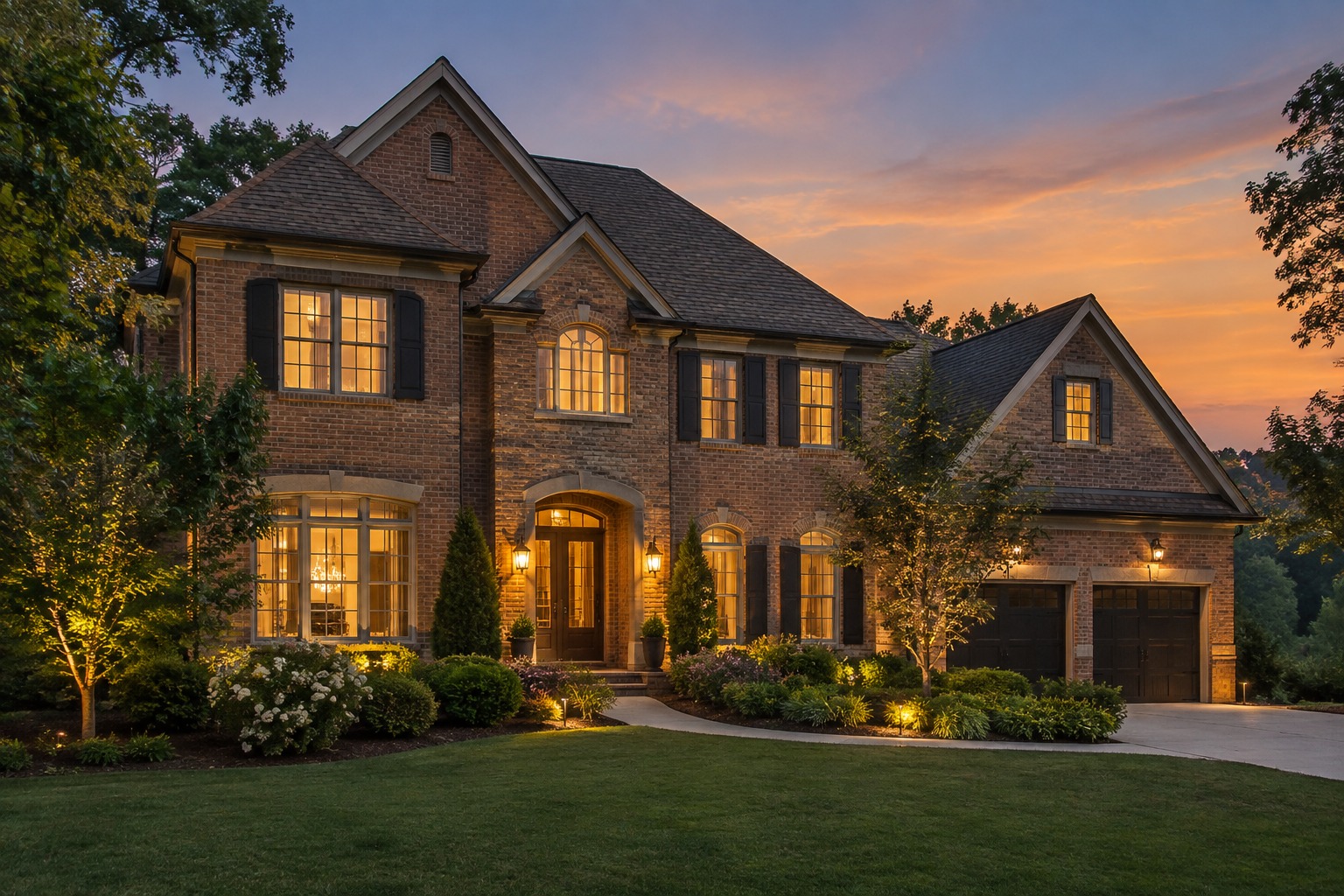 An Atlanta-area home exterior at dusk, illustrative